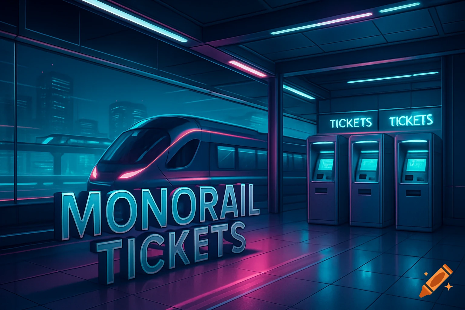 A futuristic monorail train at a neon-lit station with ticket machines and glowing 'MONORAIL TICKETS' text on the floor.