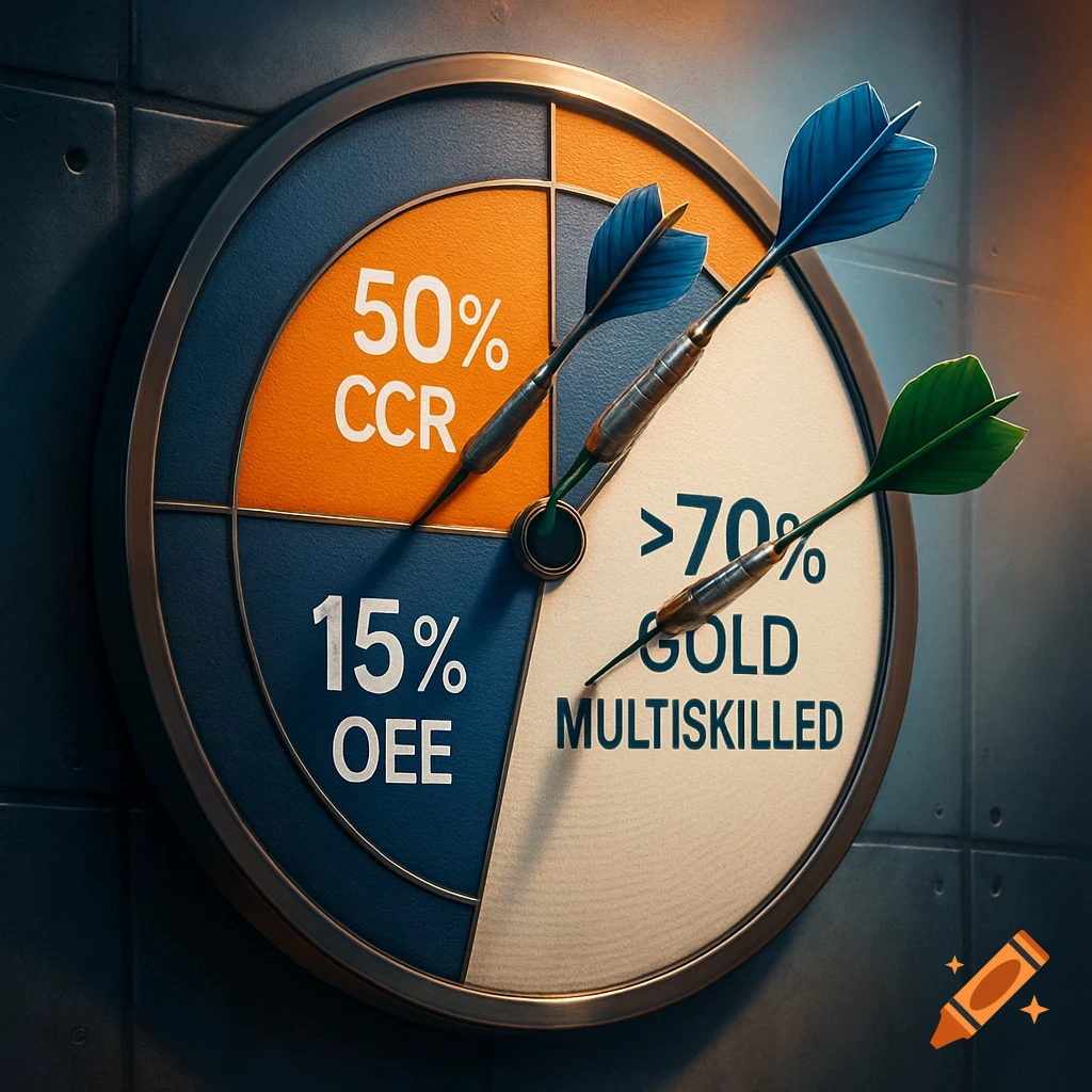 A close-up, photorealistic image of a dartboard with two blue darts and one green dart stuck in it. The dartboard is segmented in blue, orange, and white, with text labels: "50% CCR", "15% OEE", and ">70% GOLD MULTISKILLED".