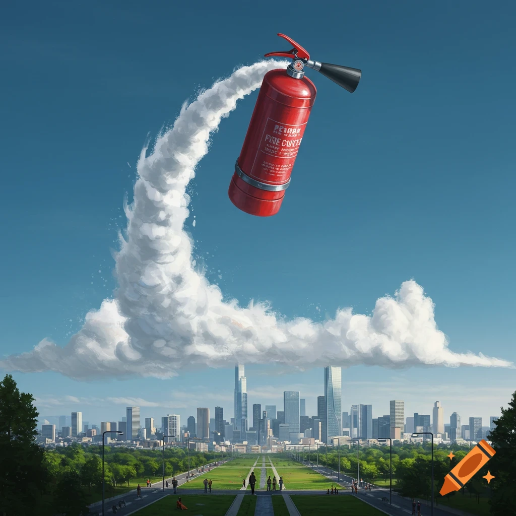 A giant red fire extinguisher flies through a blue sky, leaving a white smoke trail, above a city skyline with a green park in the foreground.