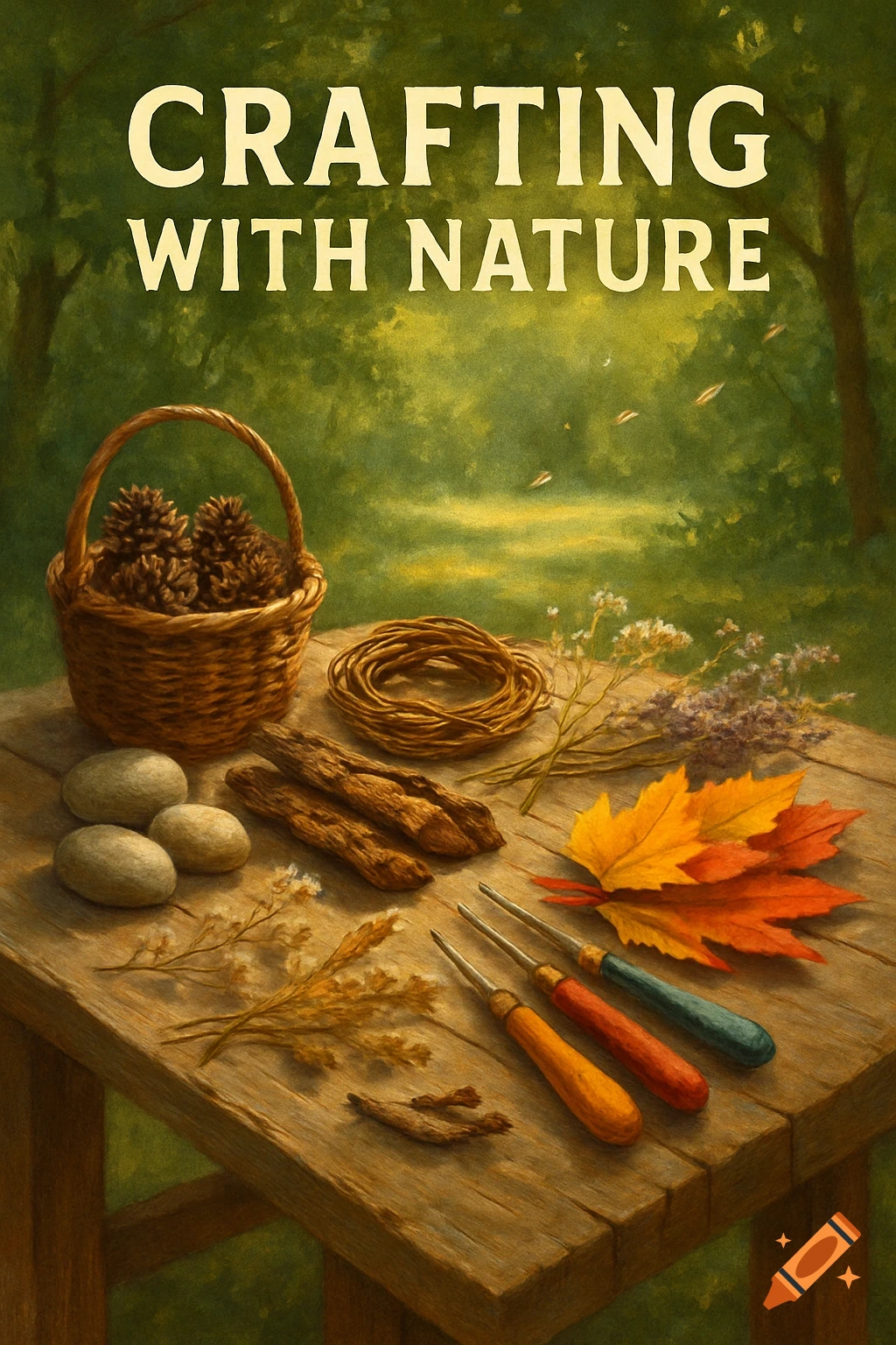 An illustration of crafting materials including pinecones, stones, leaves, and tools on a wooden table, with 'CRAFTING WITH NATURE' text above.