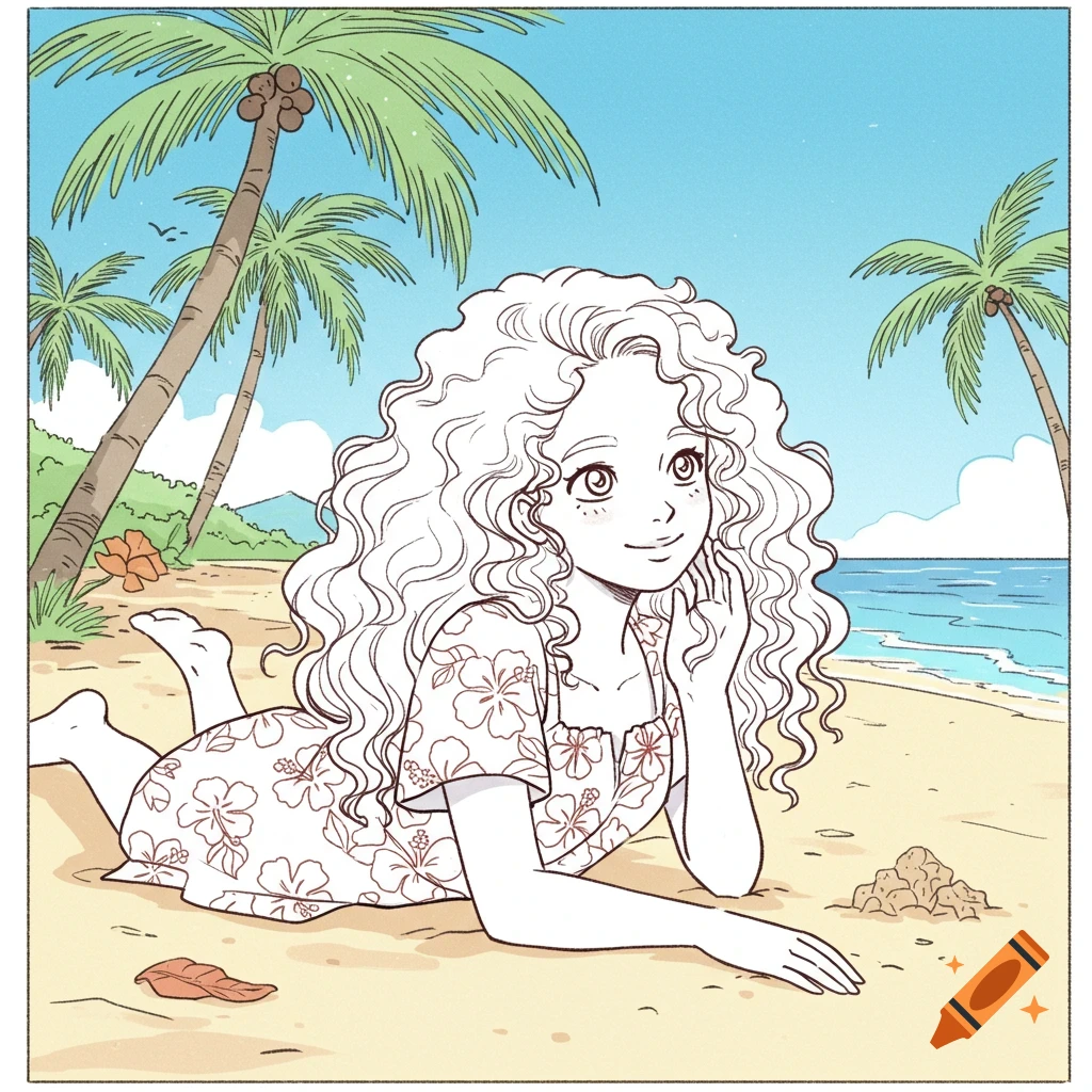 A line drawing of a curly-haired girl in a dress lying on a sandy beach with palm trees and ocean.