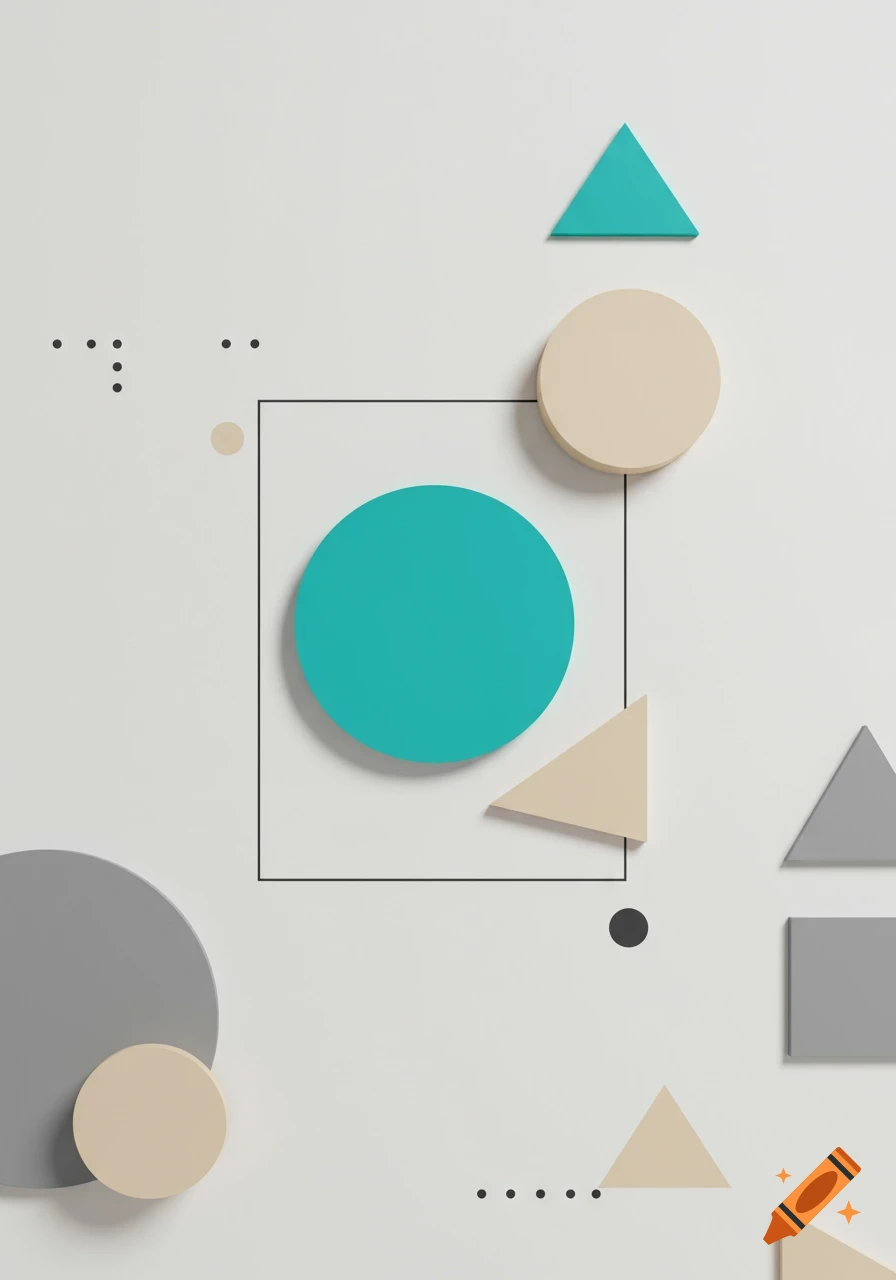 Abstract minimalist composition of 3D teal, beige, and grey geometric shapes, including circles, triangles, and squares, on a white background with shadows.