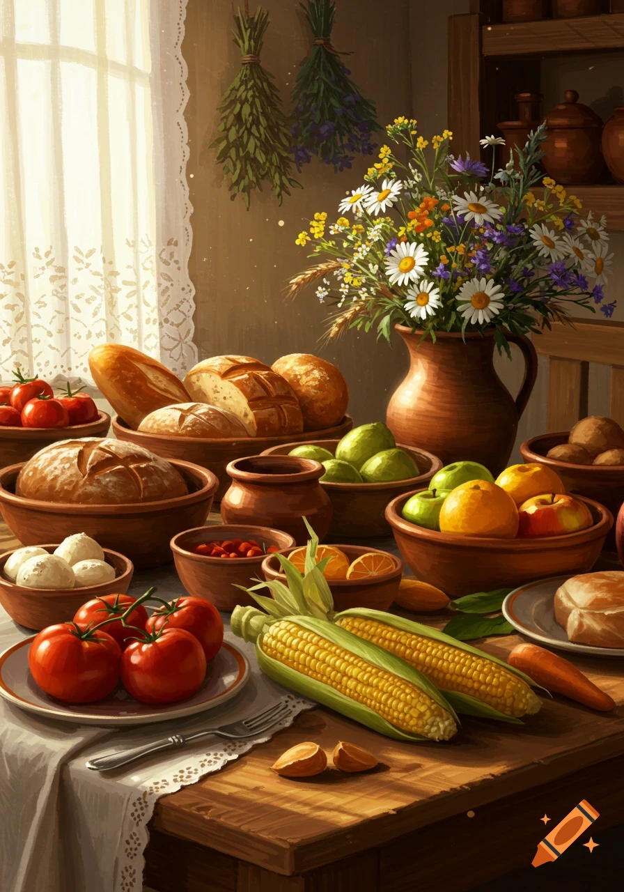 A rustic wooden table laden with fresh bread, tomatoes, corn, fruit, and a vase of wildflowers by a window in a painterly style.