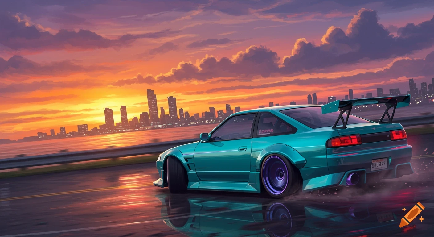 A teal street racer drift car drives along a coastal road towards a distant city skyline at sunset, with purple accents on its wheels and exhaust. The sky is painted with vibrant orange and purple hues.