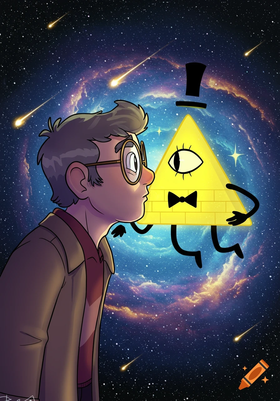 Cartoon of a man with glasses looking at a yellow triangular creature with a bow tie against a cosmic background with shooting stars.