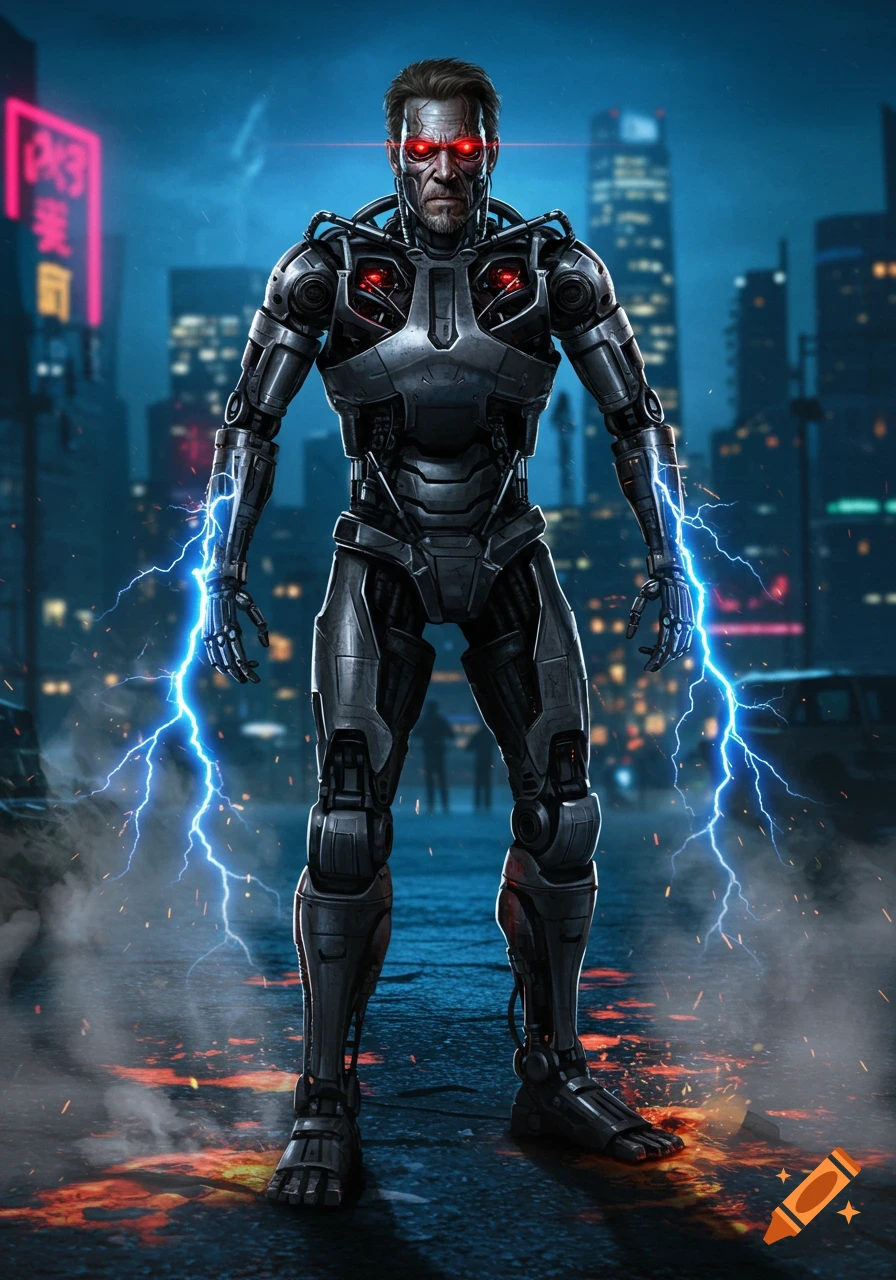 A cyborg with red eyes and lightning in a futuristic city at night.