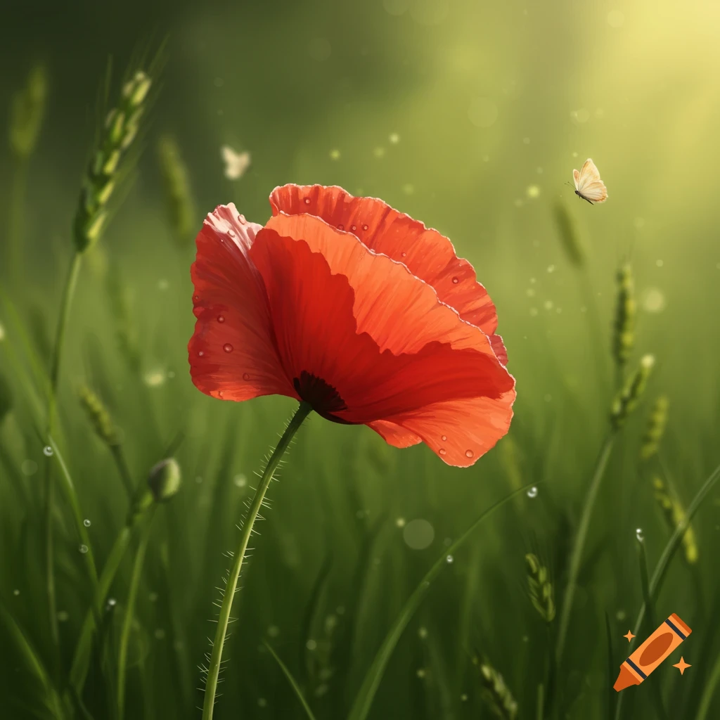 A vibrant red poppy with dew drops stands tall in a sunlit field of green grass, with a butterfly fluttering nearby.