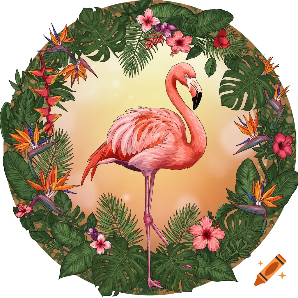 A pink flamingo stands within a circular frame of green tropical leaves, orange bird of paradise flowers, and pink hibiscus.