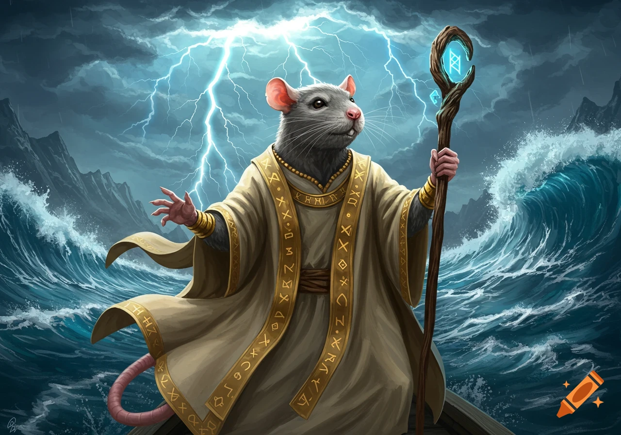 An anthropomorphic rat wizard in robes holds a glowing staff amidst a stormy ocean with lightning, digital fantasy art.