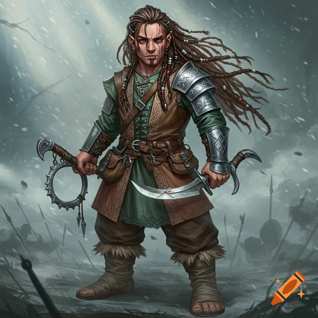 A halfling warrior with long dreadlocked hair, scars, and ornaments, wielding a sword catcher and a falchion in a snowy landscape.
