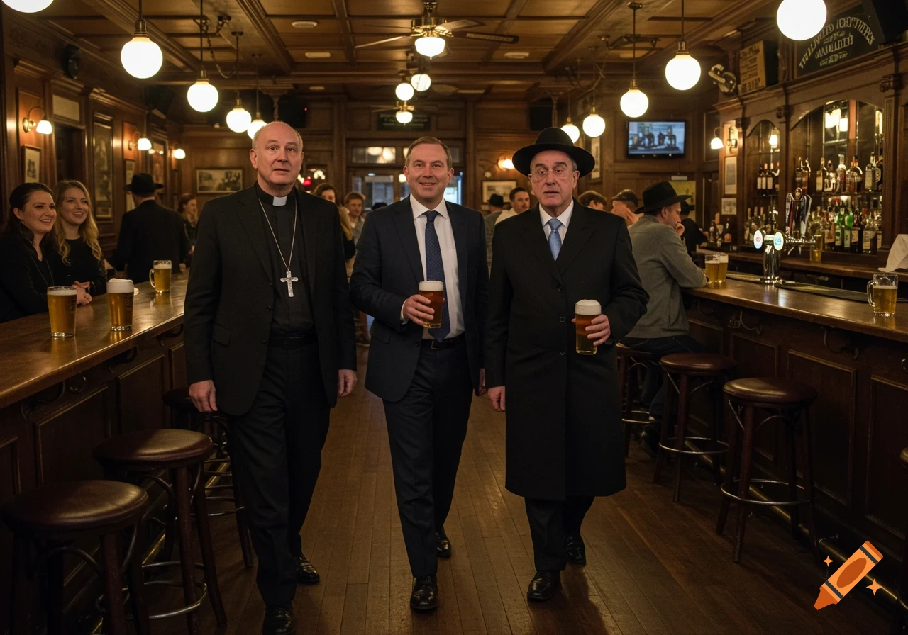 Three men, a priest, a businessman, and a rabbi, walk through a classic wooden bar, each holding a pint of beer.