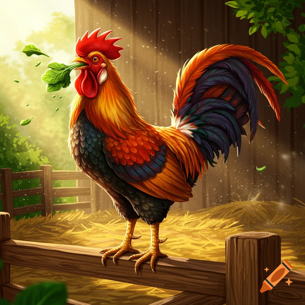 A vibrant, detailed illustration of a colorful rooster holding green leaves in its beak, standing on a wooden fence in a sunny farmyard.