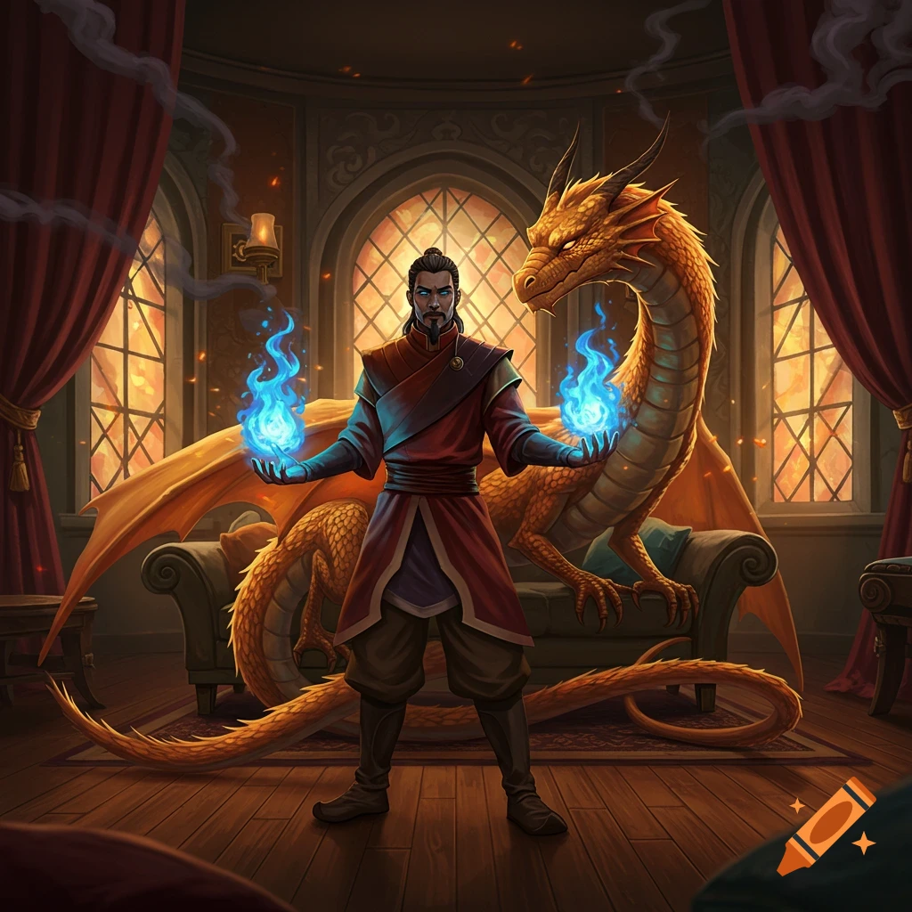 A man with blue flames in his hands stands before a large golden dragon in a grand room with windows and red curtains, fantasy art.