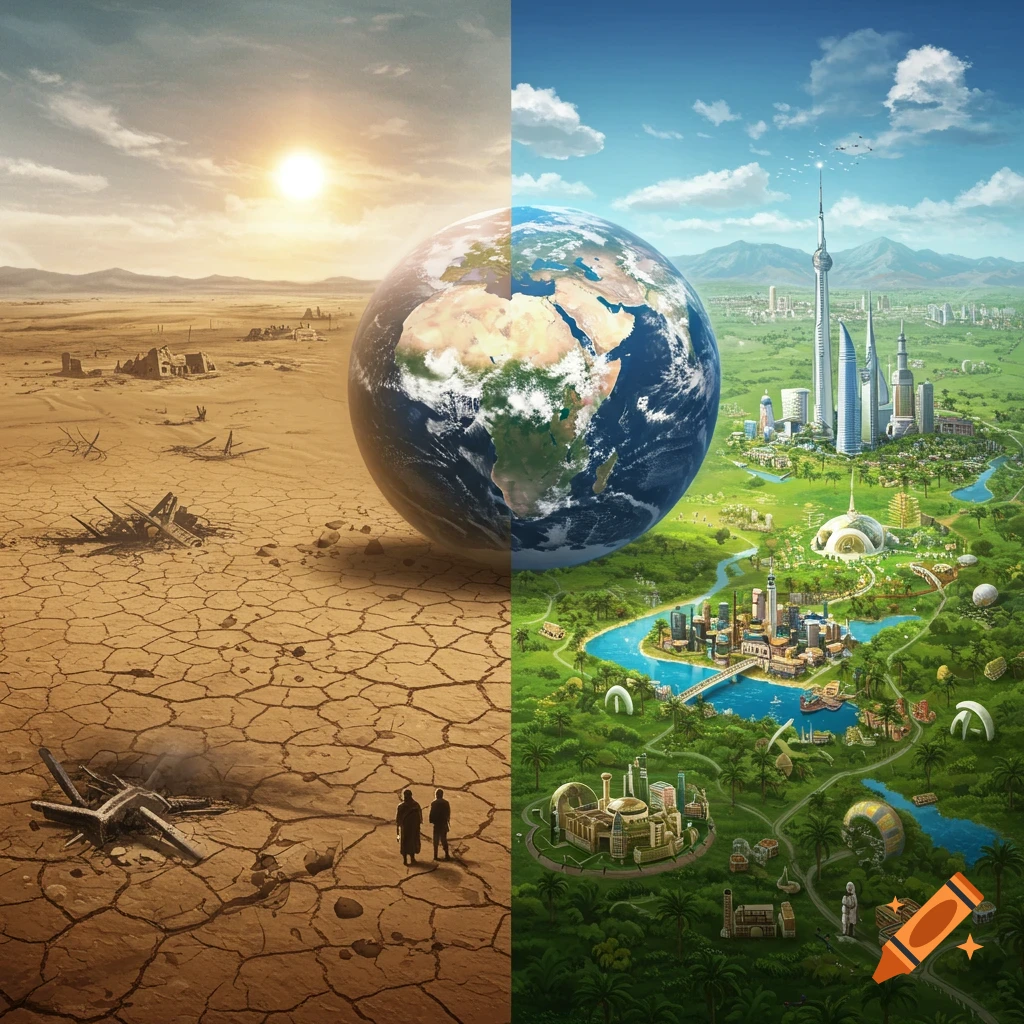 A split image showing a barren desert with ruins on the left and a vibrant, futuristic city on the right, with a globe of Earth in the center.