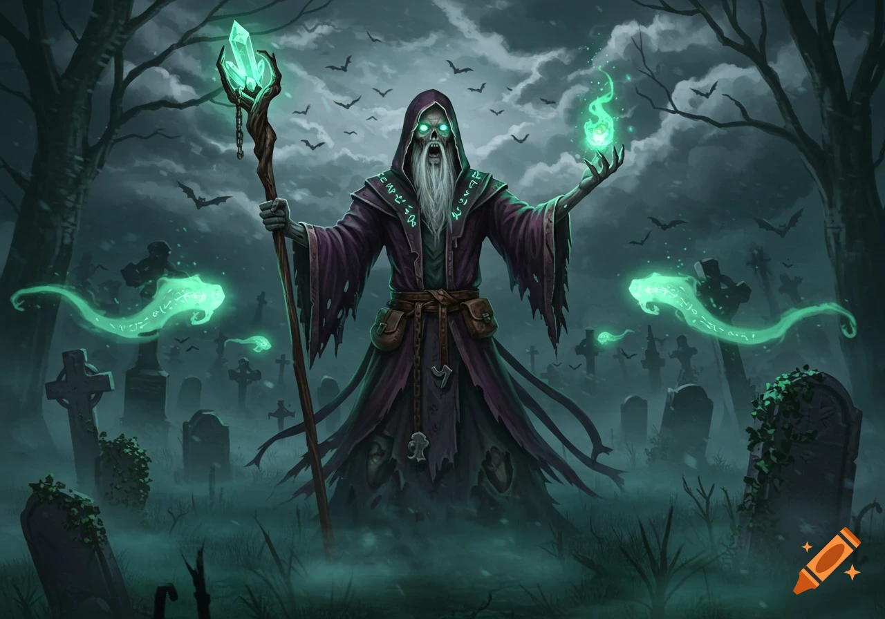 A skeletal wizard with a long white beard and glowing green eyes stands in a misty graveyard, holding a glowing staff and casting green magic.