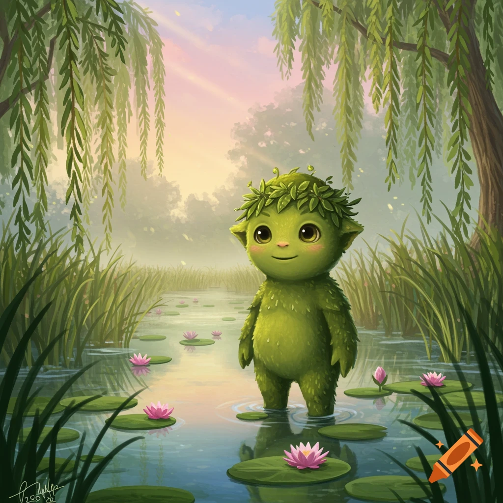 A cute green swamp creature with big eyes and a leaf crown stands in a water lily pond with willow trees.