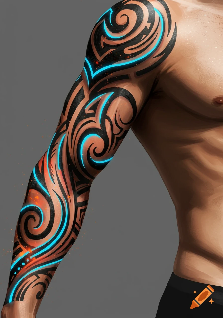 Close-up of a person's arm and torso with a black tribal tattoo featuring glowing blue and orange lines and sparks.