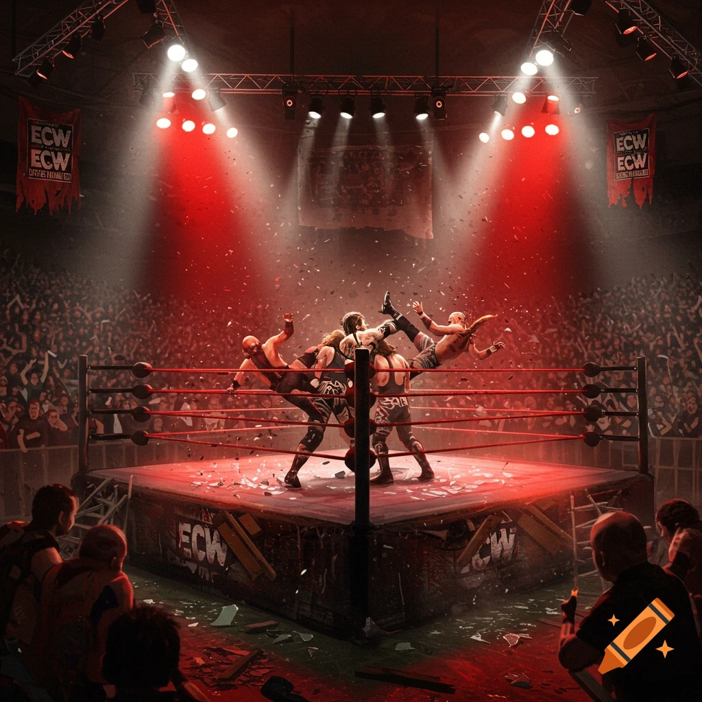 A dynamic shot of wrestlers mid-action in a brightly lit ring, surrounded by a cheering crowd and falling confetti, with banners reading "ECW."