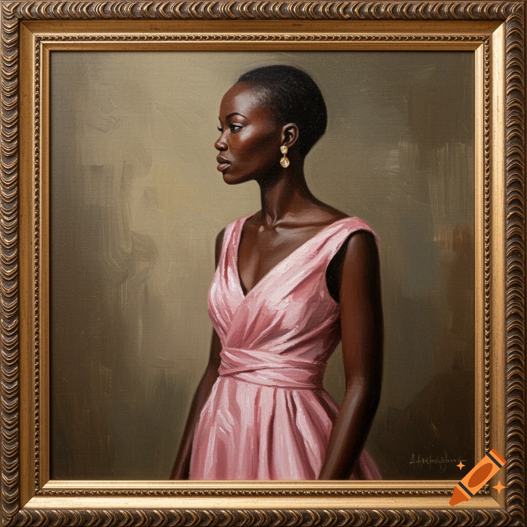 An oil painting of a young African woman in a pink gown, shown in profile, within a golden frame.