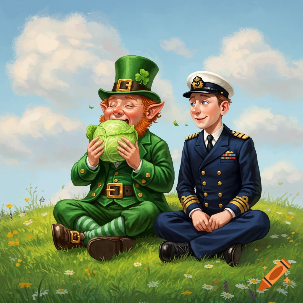 A whimsical illustration shows a leprechaun in green eating cabbage next to a navy officer, sitting on a grassy hill.