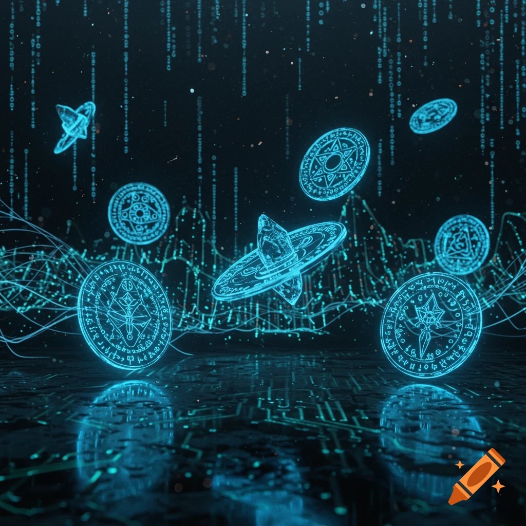 Glowing blue digital sigils float above a reflective circuit board surface with falling matrix code in the background.