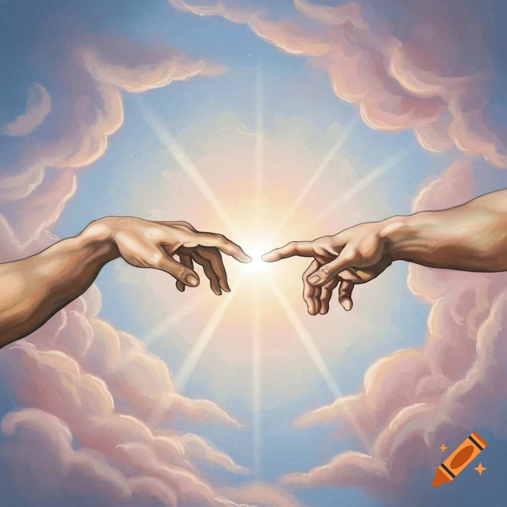 Two hands, resembling The Creation of Adam, reach out with fingers nearly touching in a bright, cloudy sky.