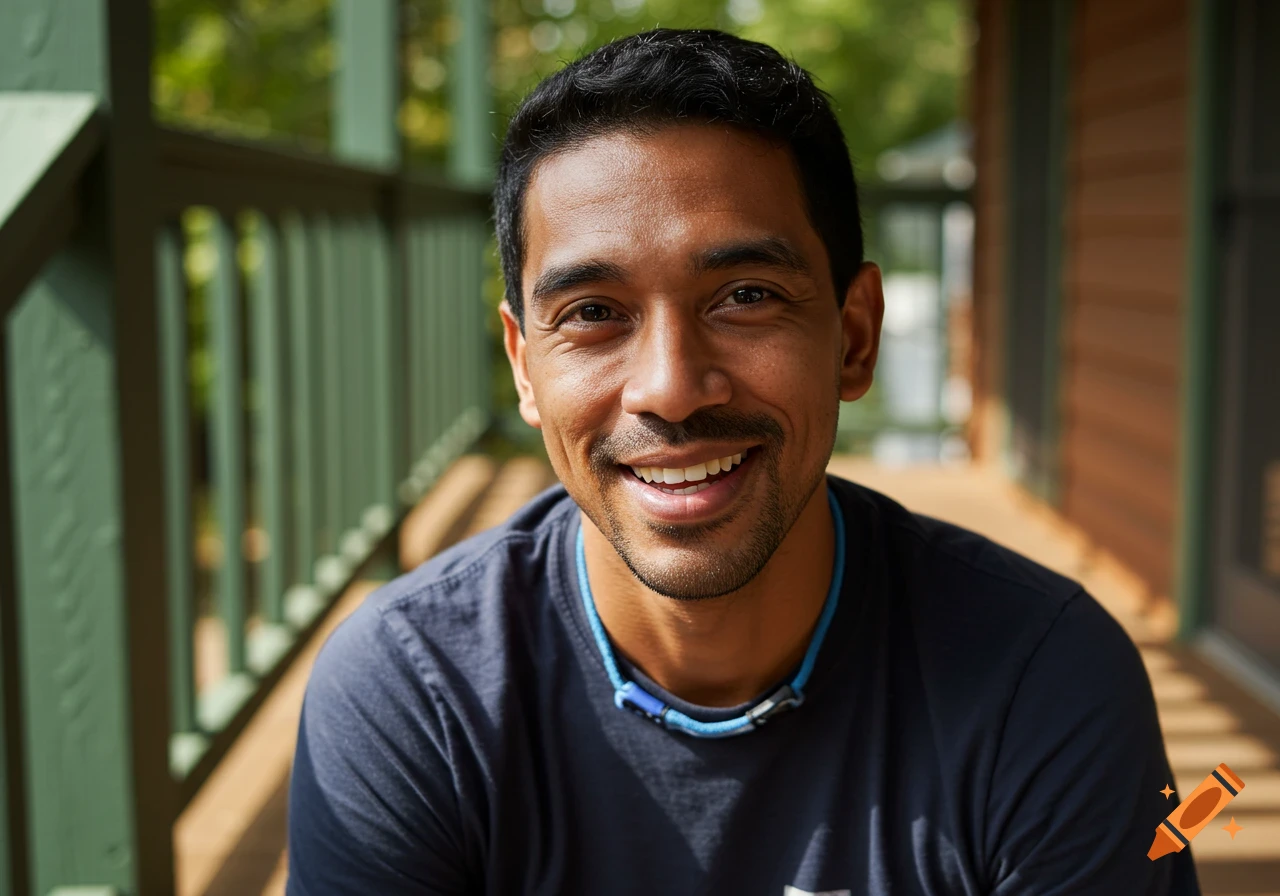 A friendly, smiling man with short black hair and a blue necklace sits on a wooden porch with green railings in warm sunlight.