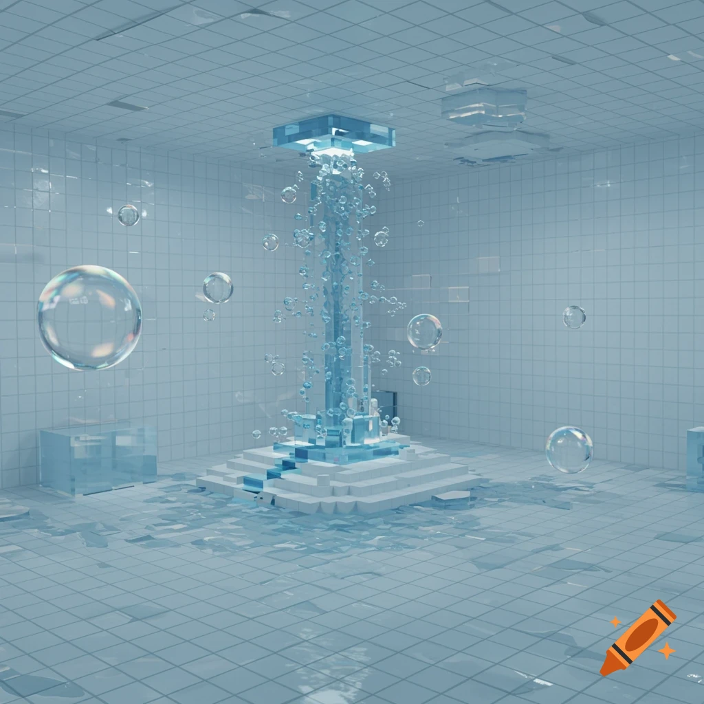 A futuristic, abstract room with light blue tiled walls and floor, featuring a central bubbling water column and floating iridescent bubbles.
