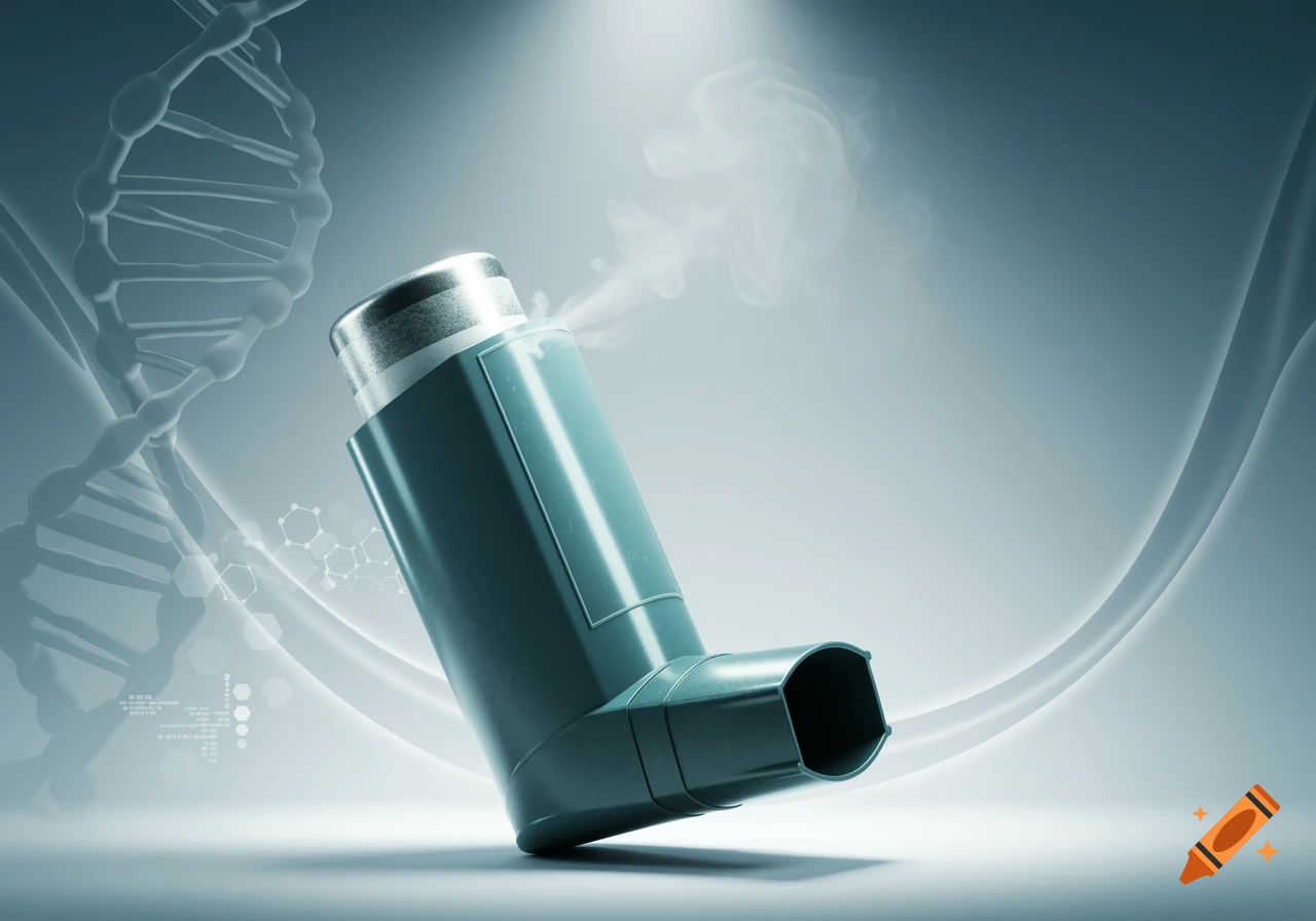 Photorealistic image of a teal asthma inhaler emitting mist, with a DNA helix and molecular structures in the background.