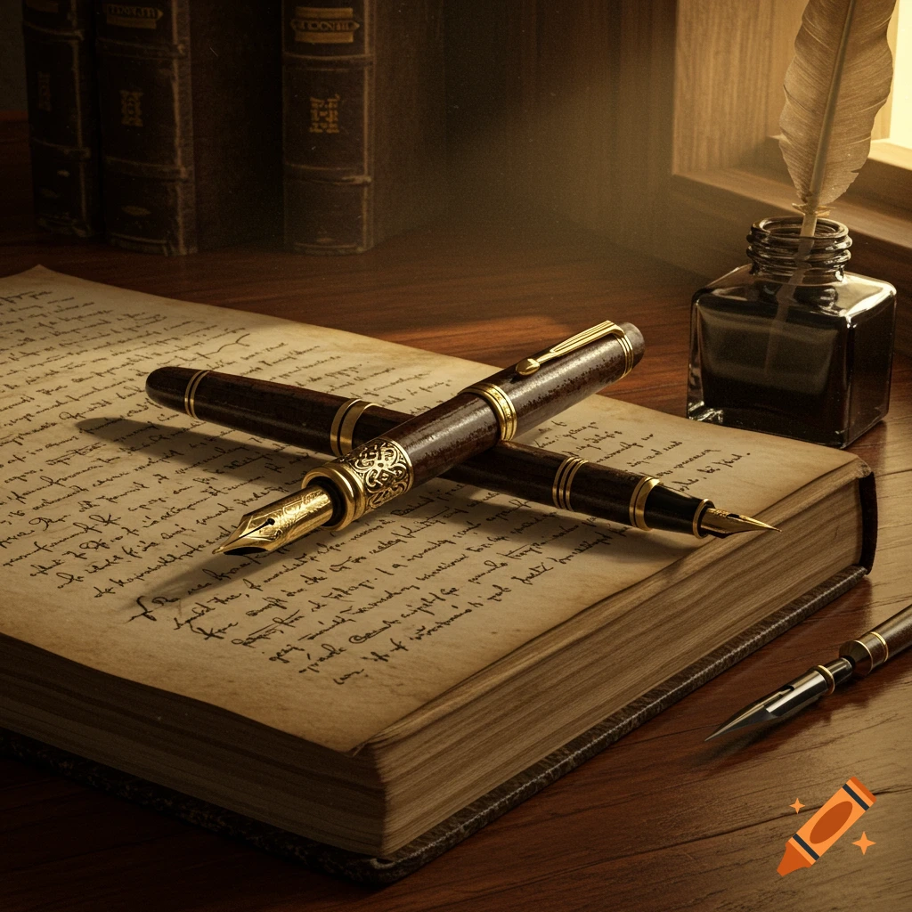 Two ornate fountain pens resting on an open vintage book with old script, next to an inkwell with a quill and an older dipping pen, on a wooden desk.