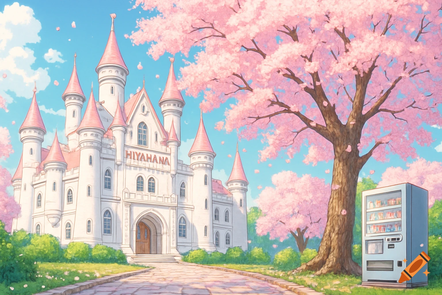 An anime-style white castle with pink roofs, surrounded by vibrant pink cherry blossom trees, with a vending machine to the right, under a bright blue sky.