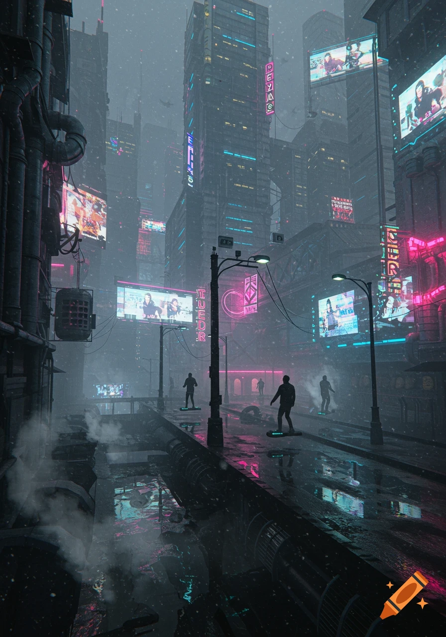 A dark, rainy cyberpunk city street with towering skyscrapers, neon signs, and silhouetted figures riding hoverboards. Snow falls, and steam rises from grates.