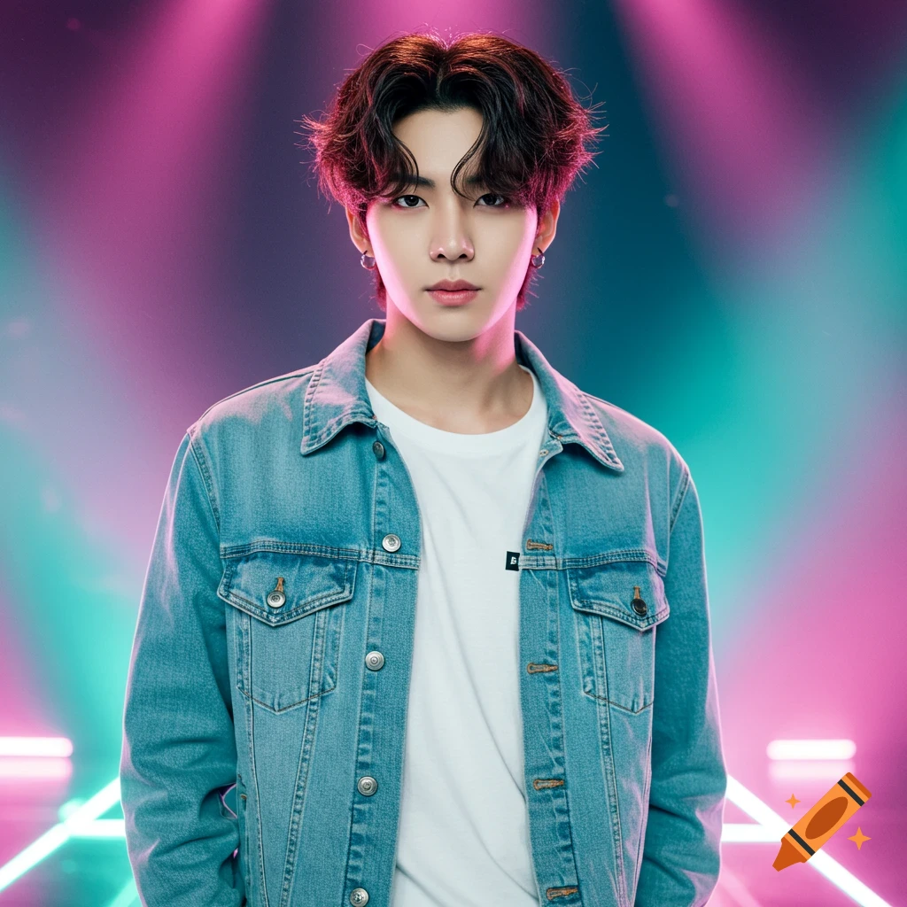 A Korean male K-pop idol with wavy brown hair wearing a denim jacket and white t-shirt, standing against a vibrant pink and teal neon light background.