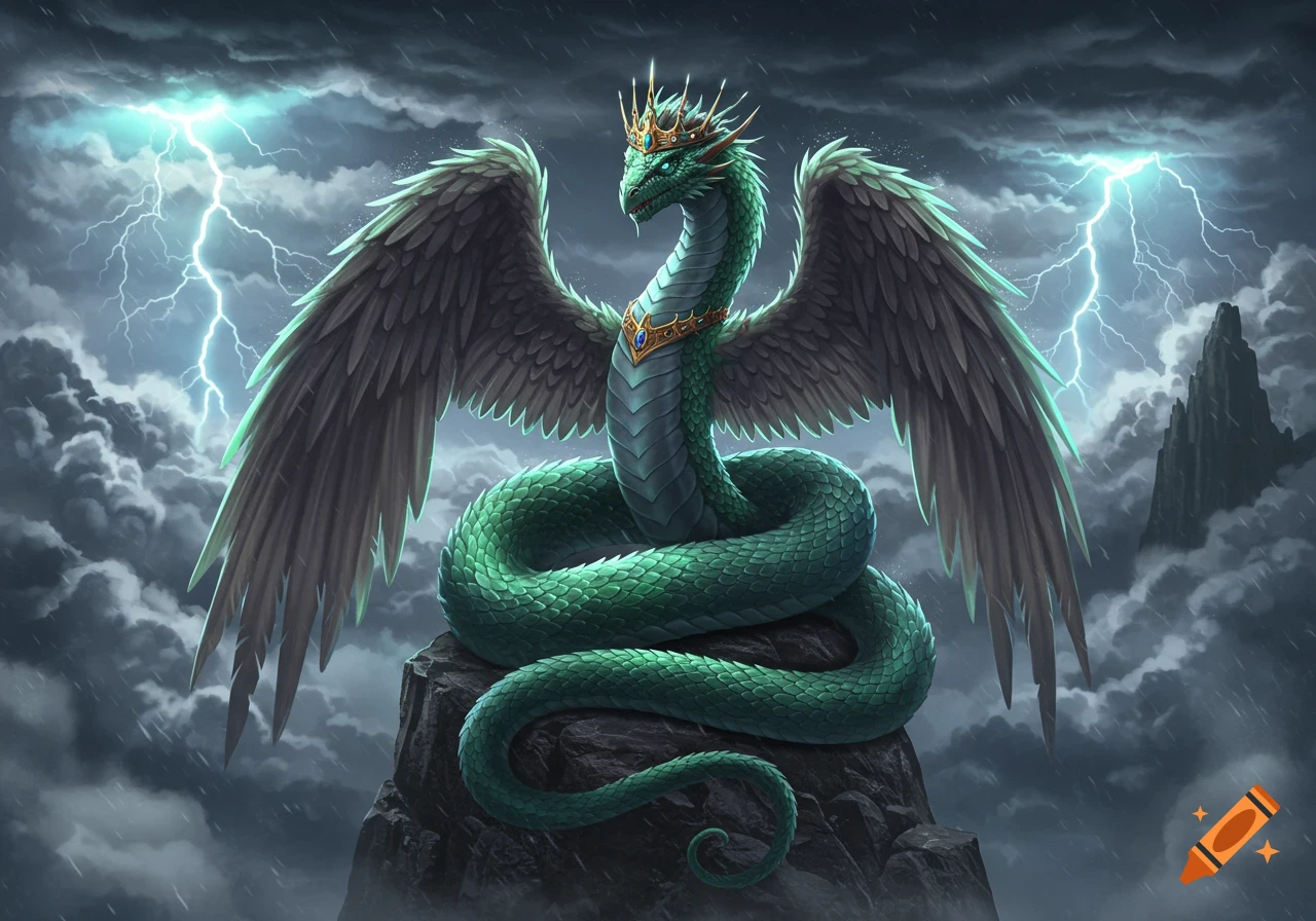 A majestic green winged serpent wearing a crown sits on a rocky peak amidst a stormy sky with lightning.