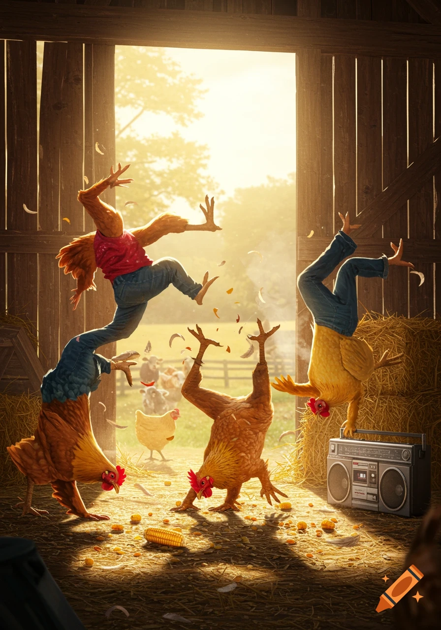 Three chickens with human limbs breakdancing in a sunlit barn, surrounded by feathers and corn, with a boombox.
