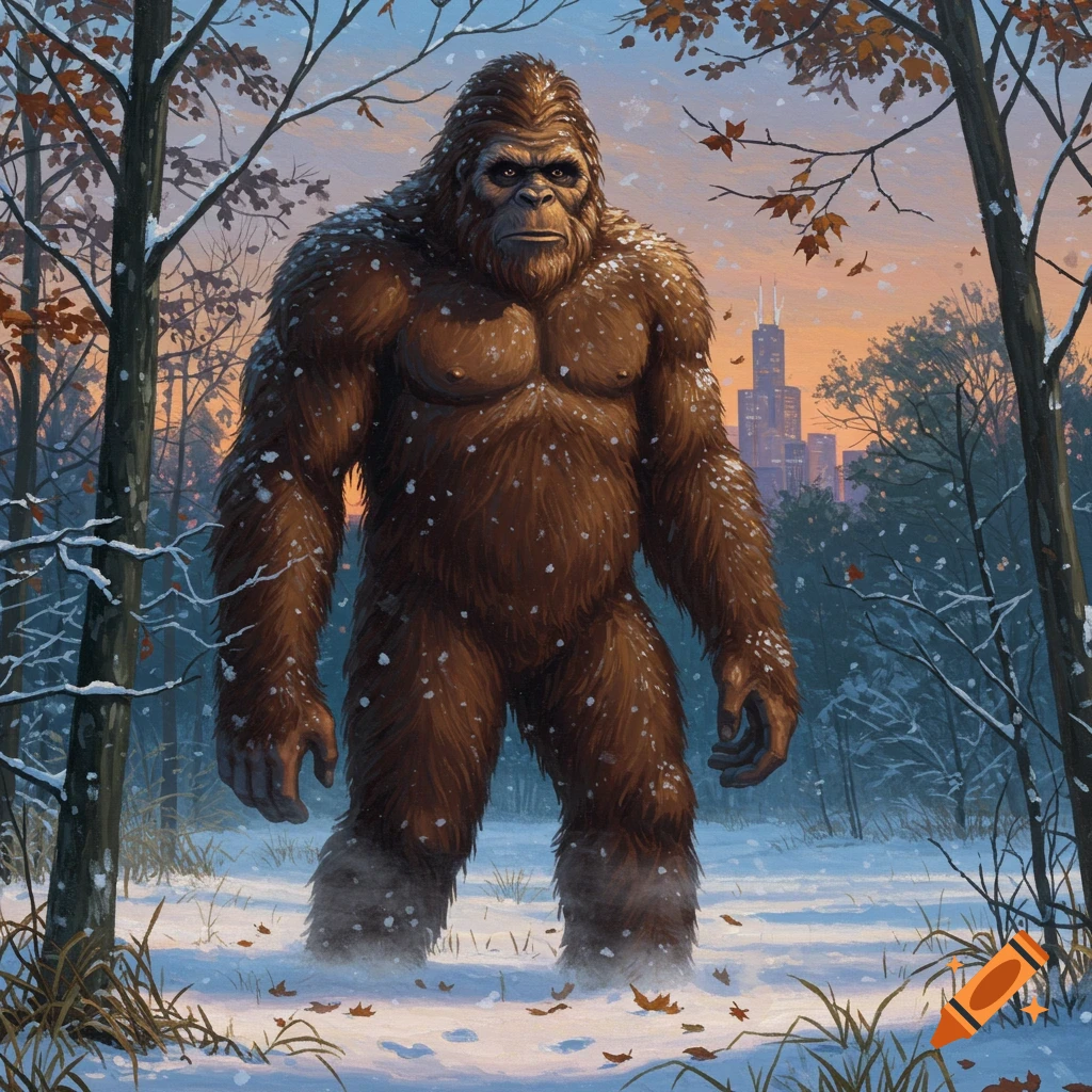 A large, brown Sasquatch stands in a snowy winter forest with a city skyline visible in the distance at sunset.