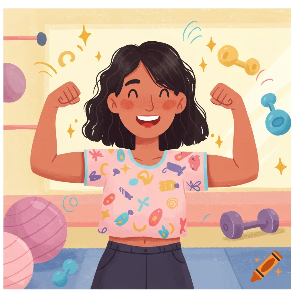 A smiling woman with dark hair flexing her biceps at the gym, surrounded by exercise equipment, in a children's book illustration.