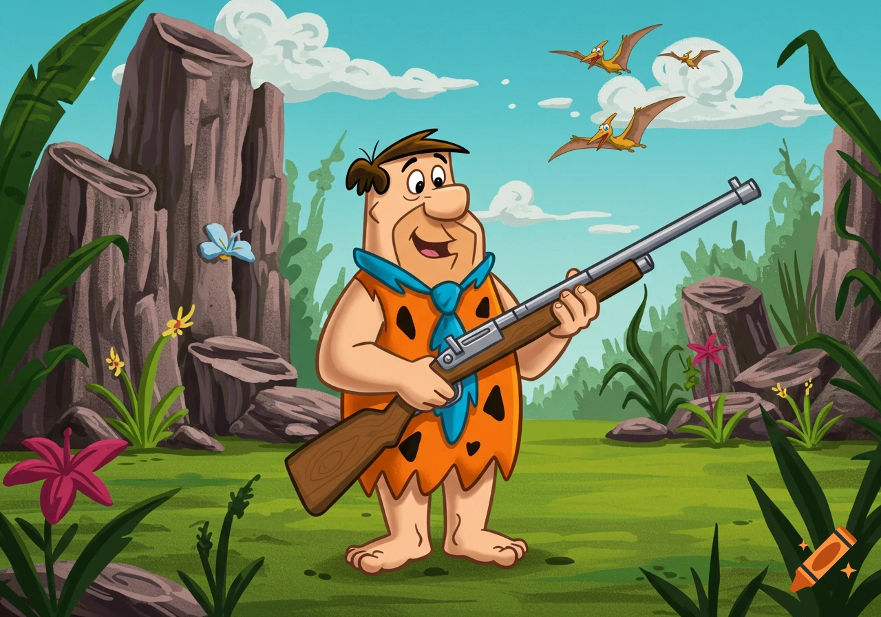 A cartoon illustration of Fred Flintstone in a prehistoric landscape, holding a rifle with pterodactyls flying in the sky.