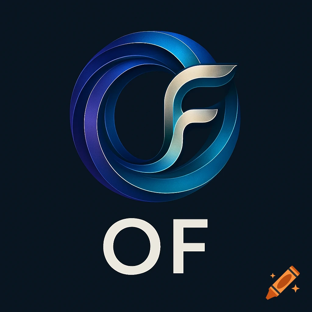 A modern logo featuring a stylized blue and silver interwoven 'O' and 'F' symbol above the white letters 'OF' on a dark background.