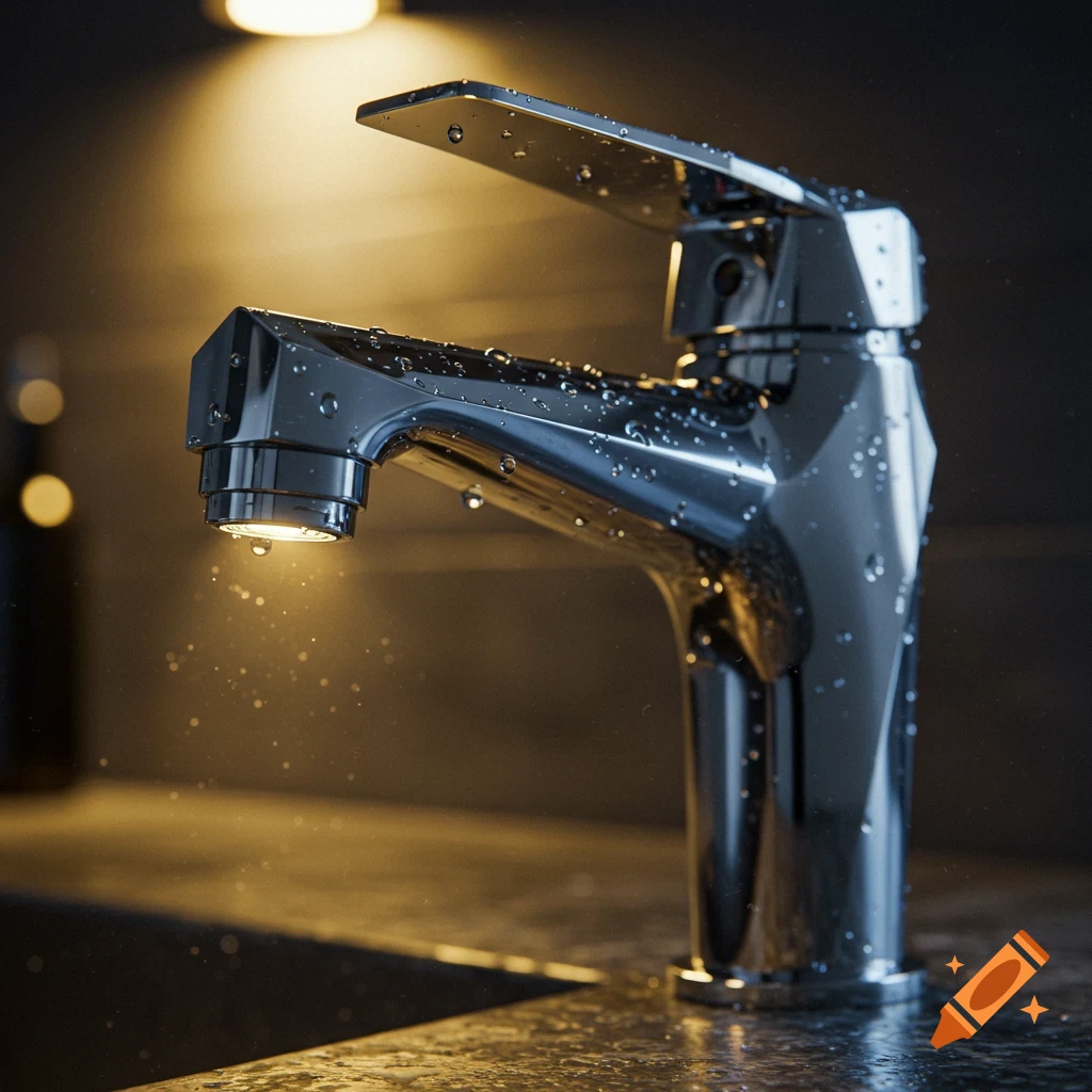 A shiny chrome faucet with water droplets, illuminated by warm light in a dark setting.
