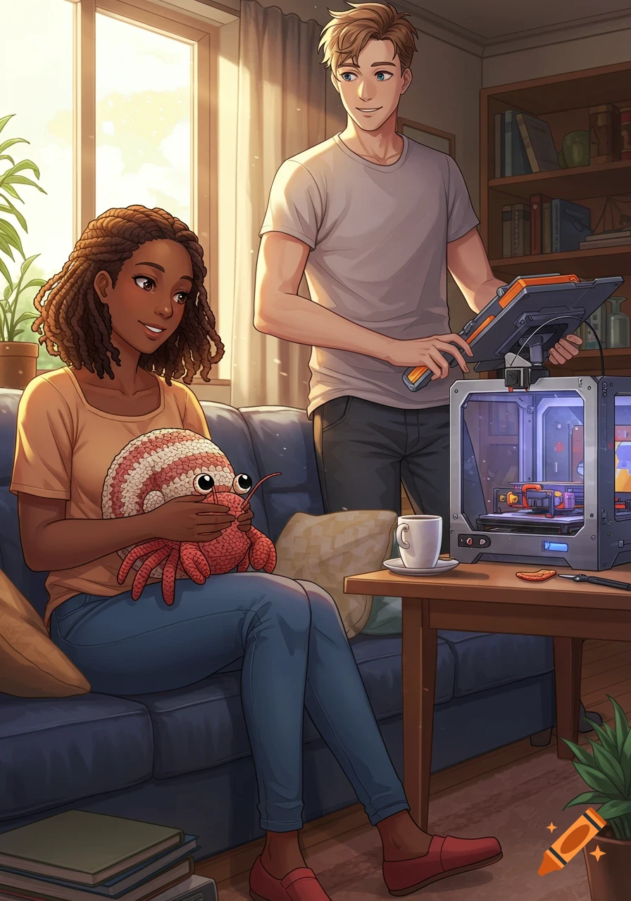 Anime-style illustration of a couple in a cozy living room. A woman on a couch holds a crochet hermit crab while a man operates a 3D printer.