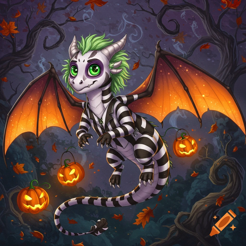 A whimsical, green-haired dragon with Beetlejuice-like stripes flies through a spooky Halloween forest with jack-o'-lanterns.