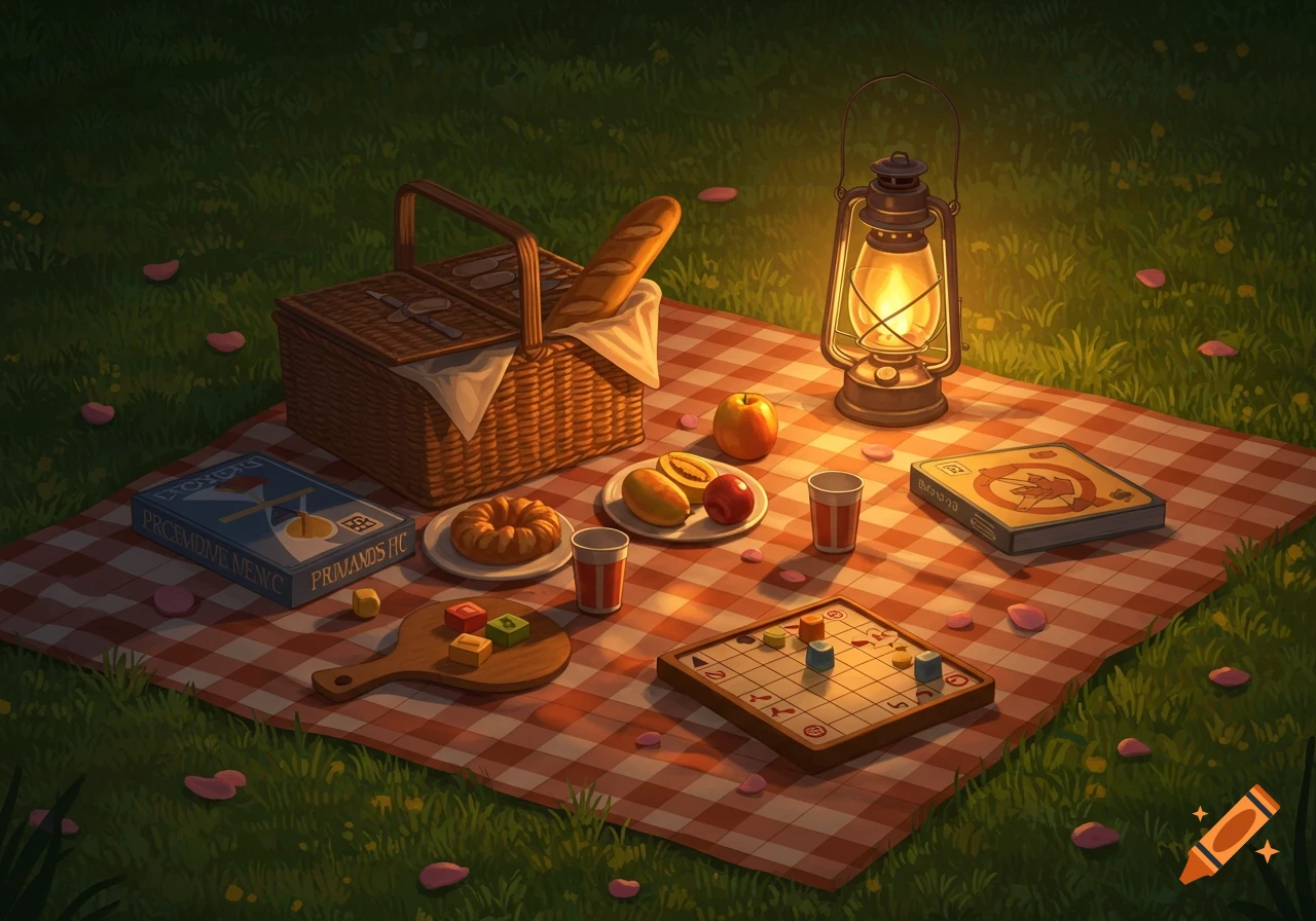 A cozy nighttime picnic on a red and white checkered blanket with a wicker basket, glowing lantern, fruit, pastries, and board games on the grass.