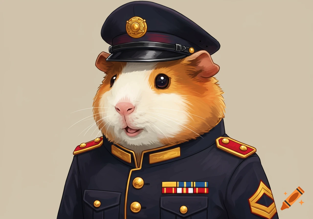 Cartoon portrait of a guinea pig wearing a dark blue military uniform and peaked cap.