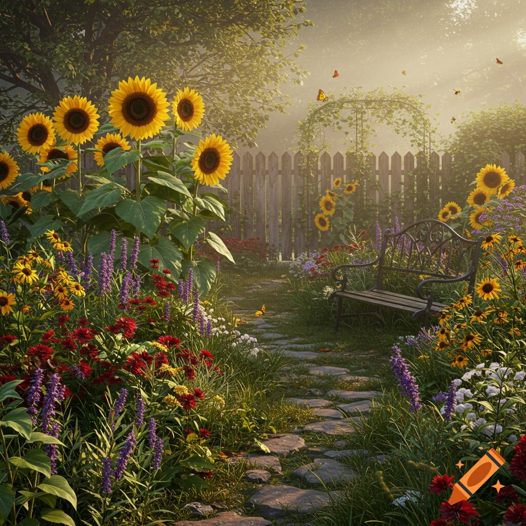 A serene garden path winds through vibrant sunflowers and colorful wildflowers with a metal bench, bathed in warm, misty sunlight.