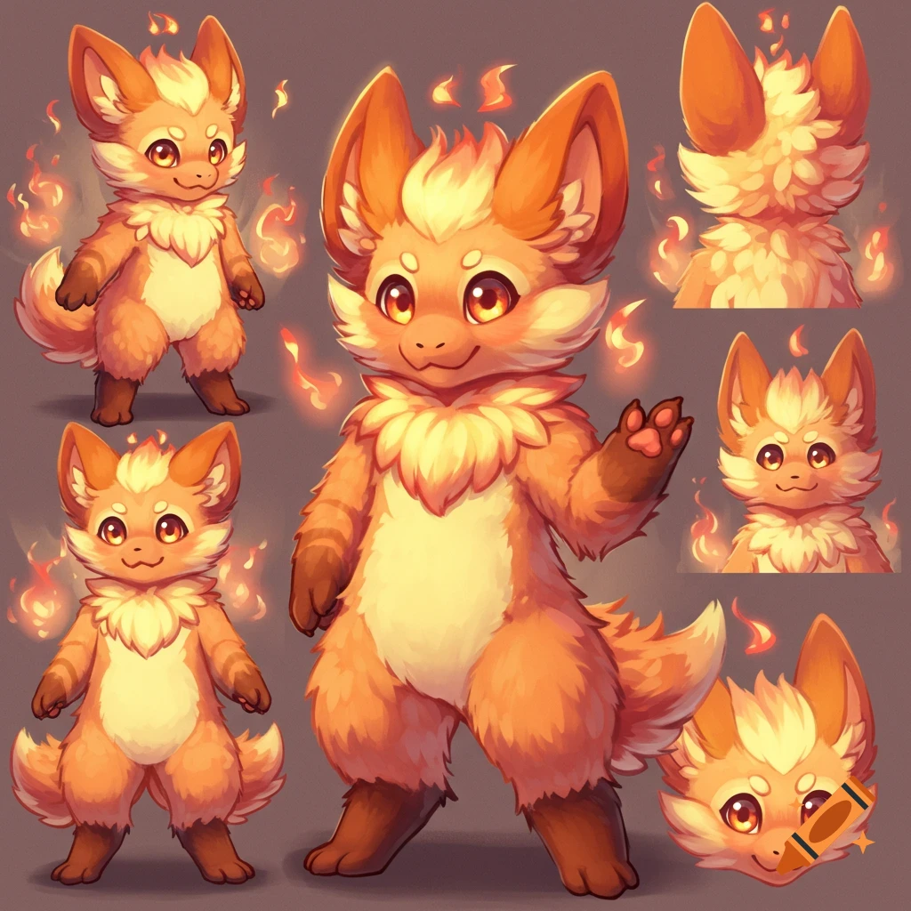 A character sheet featuring a cute, fluffy orange and yellow fox-like creature with fire details in various poses and close-ups.
