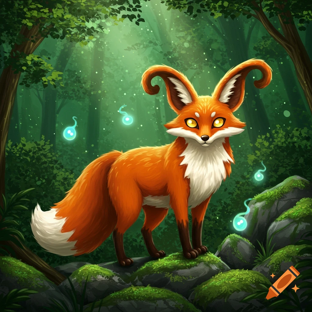 A stylized orange fox with large curled ears and glowing yellow eyes stands on mossy rocks in a magical forest with glowing blue spirits.