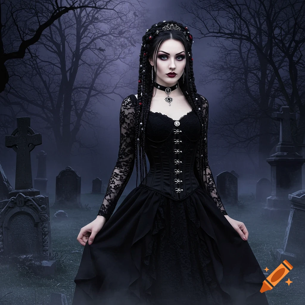 A gothic woman with long braided hair and a black dress stands in a misty cemetery at night.