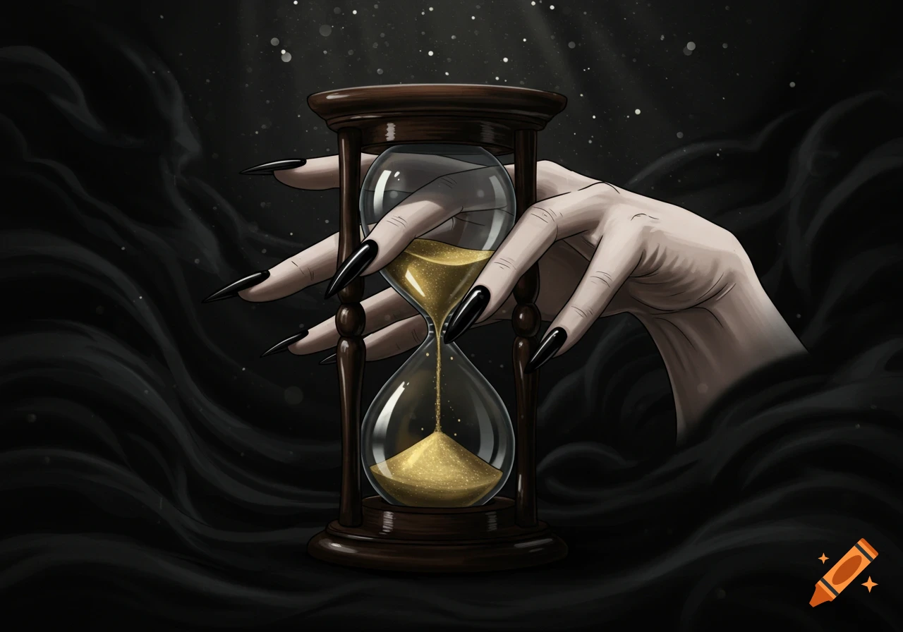 An illustrative hand with long black pointed nails delicately holds an hourglass with golden sand against a dark, starry background.