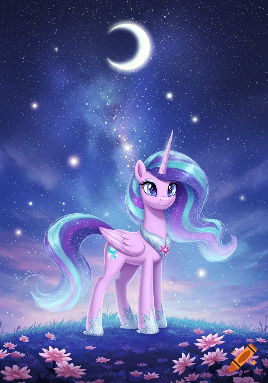 A purple pony-unicorn with long blue and purple hair stands in a field of pink flowers under a starry night sky with a crescent moon.